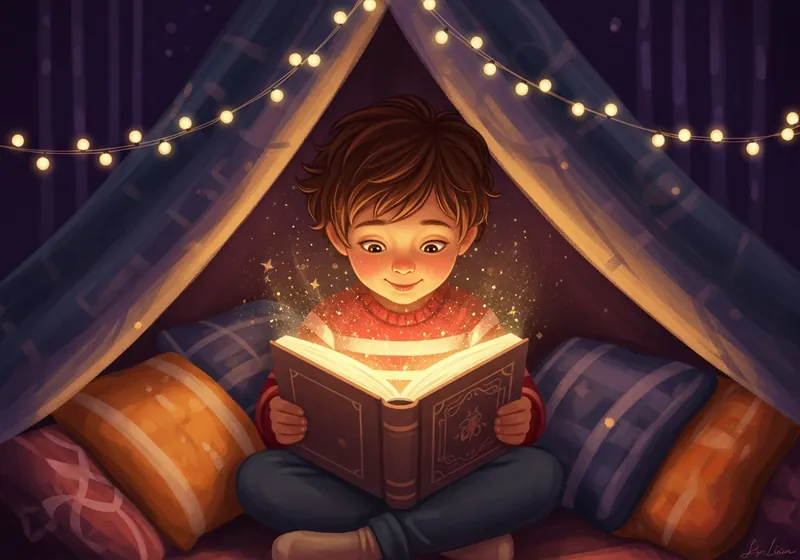 Child reading a glowing magical storybook in a cosy fort